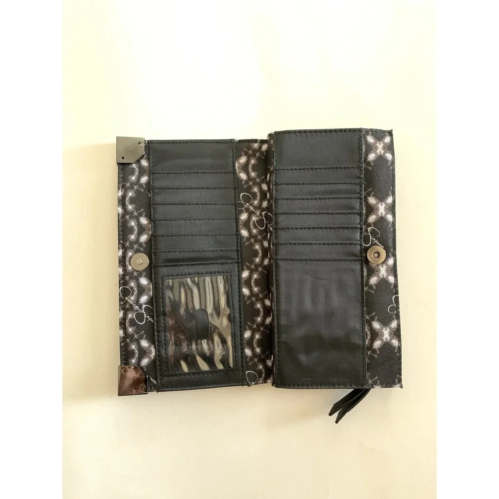 Jessica Simpson Women's Black Continental Wallet Clutch Gunmetal Logo Card Slots
